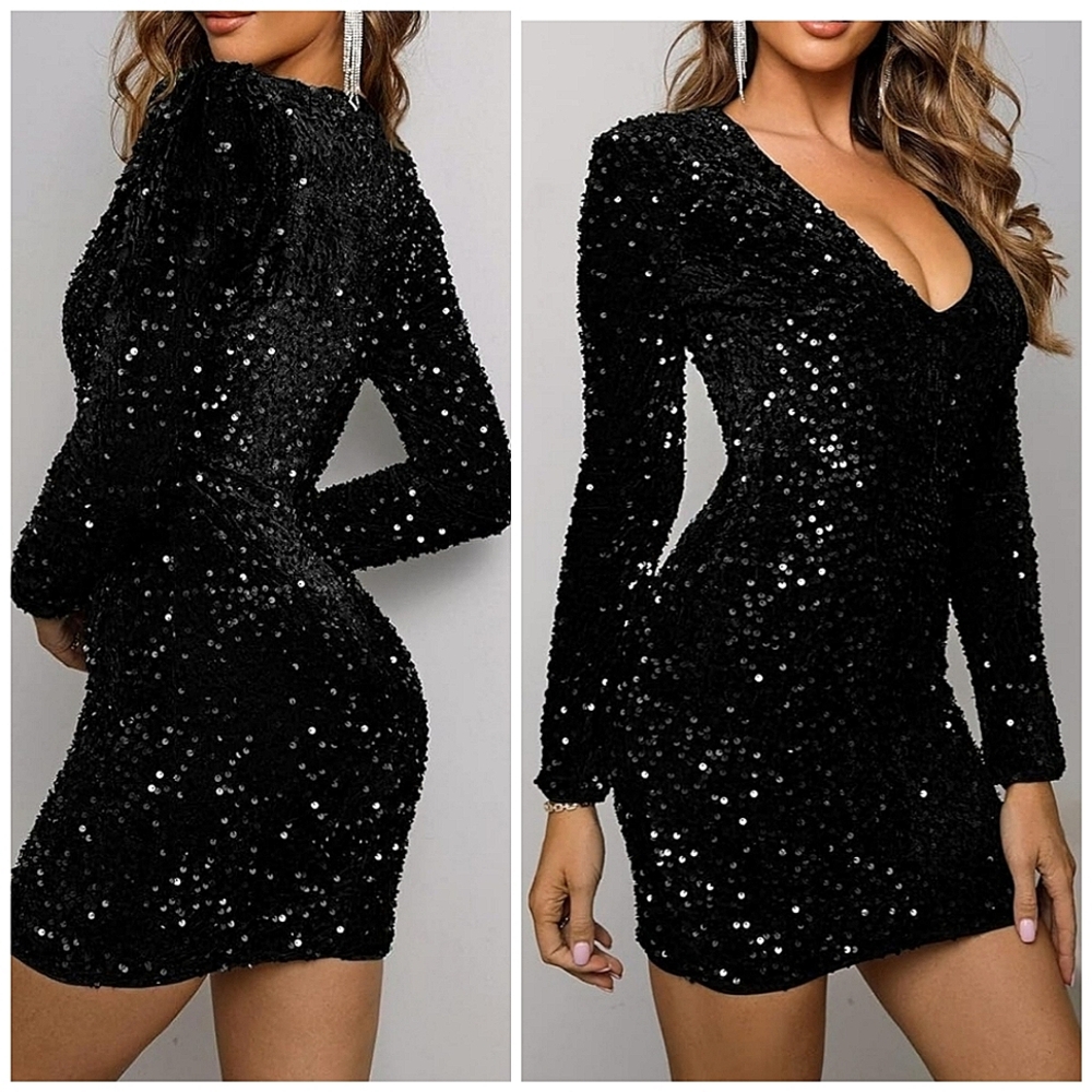 New Luxe Sequin Velvet Long Sleeve Bodycon Mini Dress V Neck Black